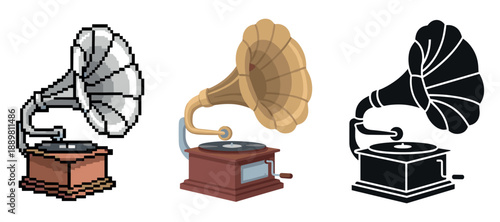 Retro gramophone designs: pixel art, vintage, silhouette