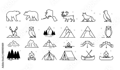 Minimal Alaska outline icons vector set with editable stroke arctic symbols