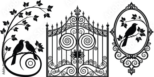 Ornate wrought iron gate with birds and branches, decorative vintage silhouette set black and white garden vector art design illustration