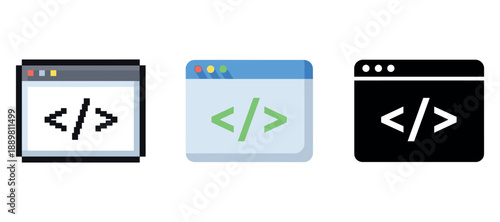 Html code icon set depicting web development in various styles