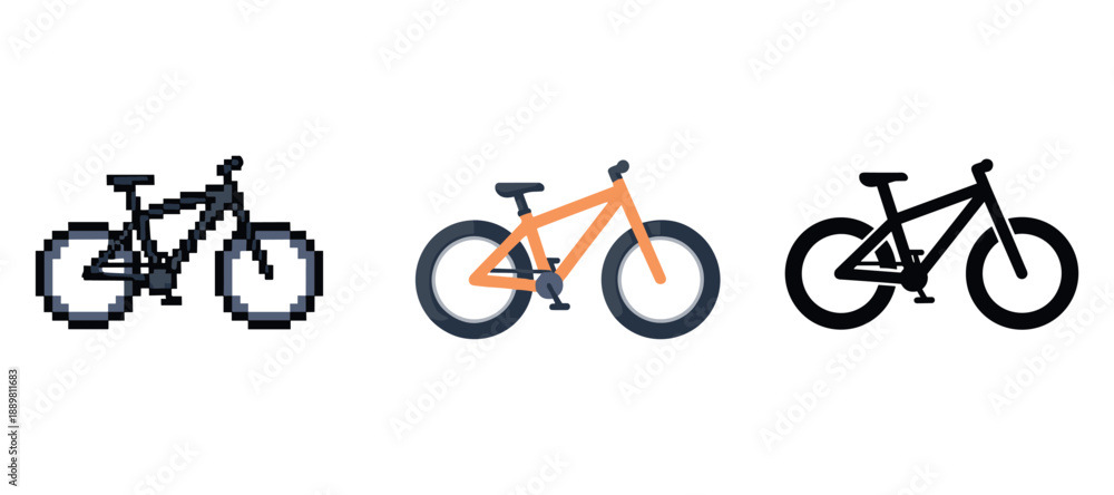Fototapeta premium Three stylized bicycle icons: pixelated, orange geometric, and simplified black silhouette