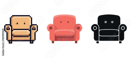 Retro pixel, contemporary, and silhouette armchair designs on white background