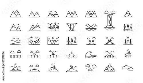 Landscape thin line icons vector set with editable stroke nature scenery symbols
