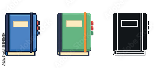 Colorful set of three notebooks with elastic band and tabs in blue green and black designs