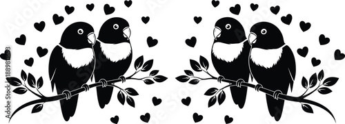 Romantic love bird couples on branches with hearts, symmetrical nature illustration black and white decorative vector art design wall decor