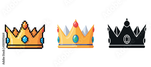 Set of three crowns: pixel art, colorful cartoon, silhouette designs
