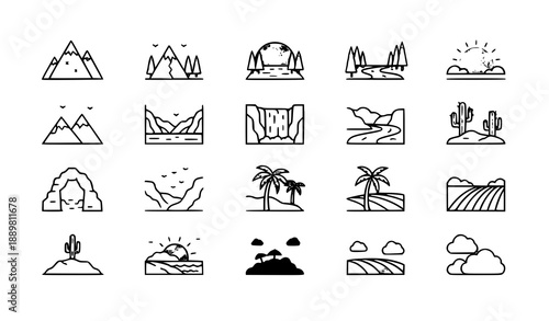 Minimal landscape outline icons vector set with editable stroke scenic symbols