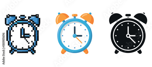 Pixelated, colored, and silhouette alarm clocks on white background