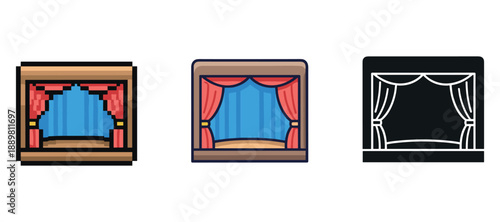 Theater stage icons: colorful, simplified, monochrome variants of classic theater design