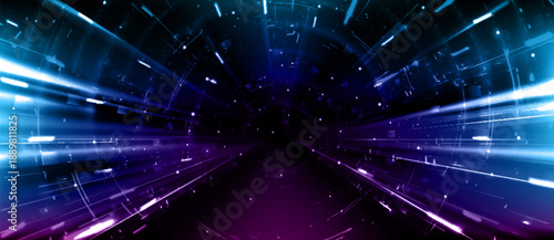Tech background with neon purple light tunnel. Vector realistic illustration, abstract texture inside glass tube portal, futuristic space teleport perspective, modern technology presentation template