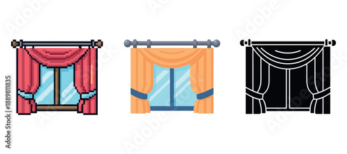 Pixel art curtains: red and black designs with large window view