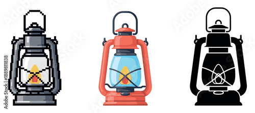 Pixel art, colorful illustration, and silhouette of vintage lanterns