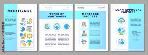 Mortgage types brochure layout. Loan approval main steps. Financial documents. Leaflet advertising design with color line icons. Editable 4 pages. Arial-Black, Myriad Pro-Regular fonts used