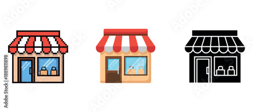 Three illustrated storefront icons with red awnings and shopping bags