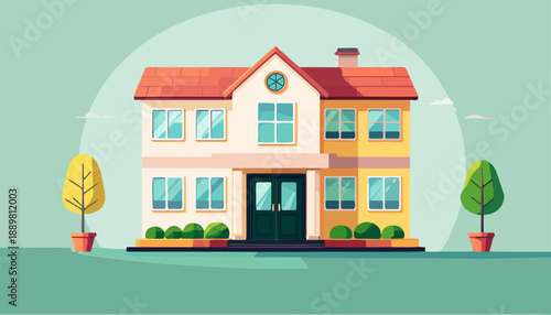 Flat vector illustration of a modern two-story suburban house with a garden, trees, and clean architectural design