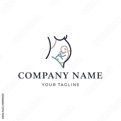 Minimalist line art logo of a pregnant woman with a fetus inside.
