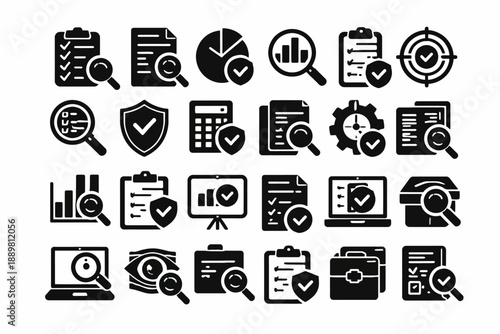 Collection of analysis and evaluation icons for reports and data verification