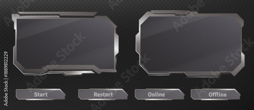 Futuristic ui HUD frames and tech buttons set isolated on transparent background. Vector realistic illustration of silver chrome web stream interface, design elements, metal borders for cyberpunk menu