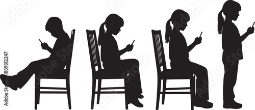 Black silhouettes of young children sitting on chairs and standing while using smartphones isolated on white background for technology addiction and digital education concepts.Black silhouettes of yo