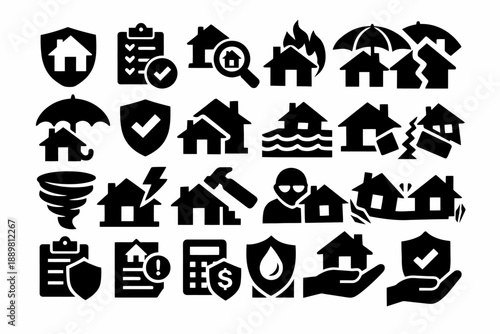 Home insurance icons: protection, disaster, security, risk, coverage