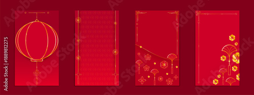 Chinese red envelopes with golden pattern. Vector realistic illustration of traditional Asian angpao design with oriental lantern and fan, floral ornament and gold frames, money gift package