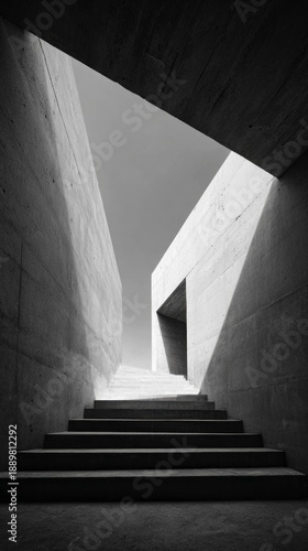 Brutalist concrete staircase with dramatic light and geometric opening to sky. AI generative