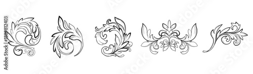 Classical baroque frame ornaments set isolated on white background. Vector illustration of vintage floral border and corner elements with scrolls and leaves, filigree swirl decoration, line art
