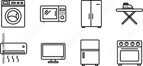 Household appliances set washing machine microwave fridge oven iron