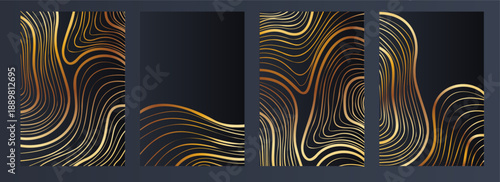 Set of posters with smooth golden lines on dark backgrounds. Ideal for luxury interiors, graphic displays, and high-end wall design.