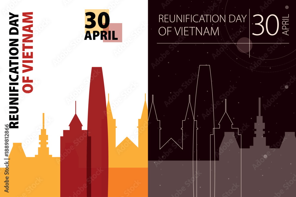 Naklejka premium Vietnam Reunification Day poster pack. Vector illustrations with Ho Chi Minh city skyline and landmarks shape for holiday card, print, event, brochure. Modern template
