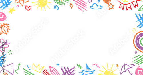 Colorful crayon border frame with playful elements. Ideal for kindergarten worksheets, kids graphics and cheerful designs.