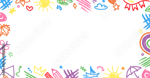 Fototapeta Colorful crayon border frame with playful elements. Ideal for kindergarten worksheets, kids graphics and cheerful designs.