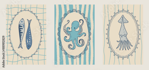 Whimsical lace frame illustration inspired by Italy and Amalfi Coast. Summer seafood themed border for menu, picnic, kitchen poster, food print and decorative art.