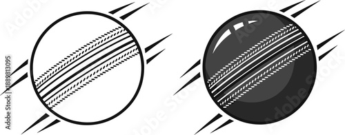 Cricket ball in circle with speed lines, sport equipment, black vector icon