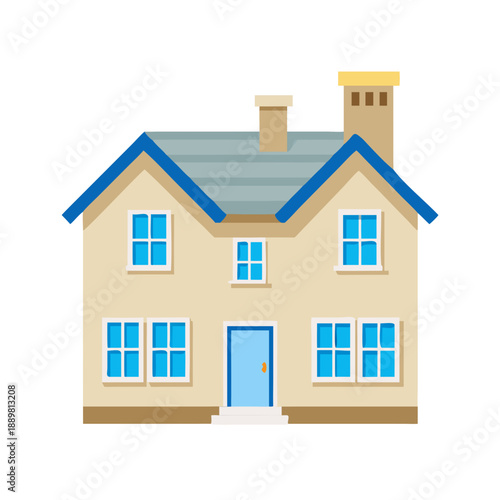 Vector illustration of a modern residential 3d house model with a red roof and blue door icon for real estate property business and home construction design on a white background