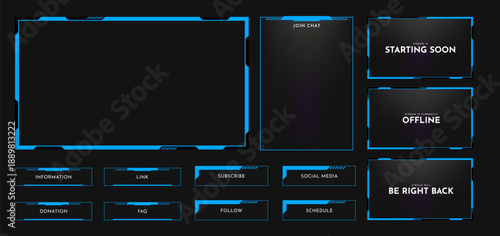 Live stream overlay frame template. Futuristic digital streaming screen interface. Online game, video streaming panel layout. Vector illustration