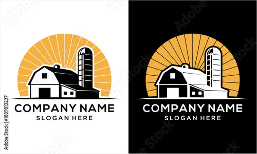 Rustic Farmhouse and Silo with Radiant Sun Logo Design.