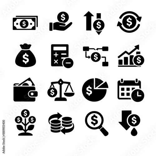 Financial icons: money, growth, investment, savings, analysis