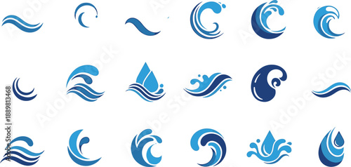 Set of waves, water drops, and splashes in blue color for design elements