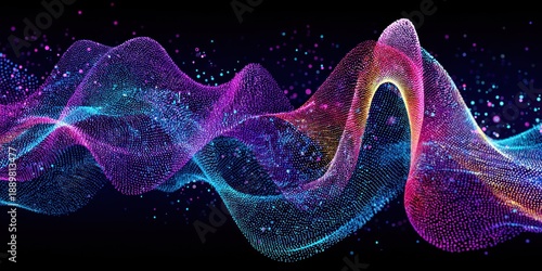 Abstract, vibrant, wave-like formation of colorful, shimmering particles against a black background