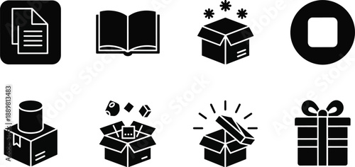 Set of gift and present box, book, document, and blank frame flat icons