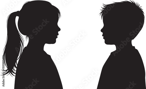 Detailed black silhouettes of a young boy and girl in side profile facing each other isolated on white background for childhood and sibling concepts.