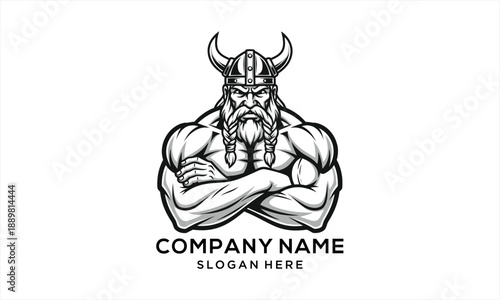 Strong Viking Warrior with Horned Helmet and Braided Beard.