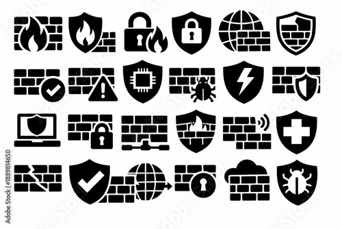 Cybersecurity icon set with firewalls, shields, and internet security symbols