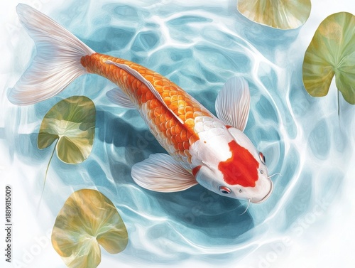 Koi fish swimming in clear water surrounded by lily pads in a pond on a sunny day