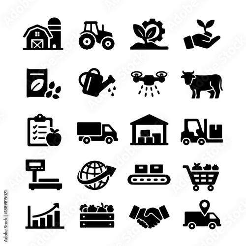 Agriculture and farming icons: barn, tractor, drone, cow, produce, market