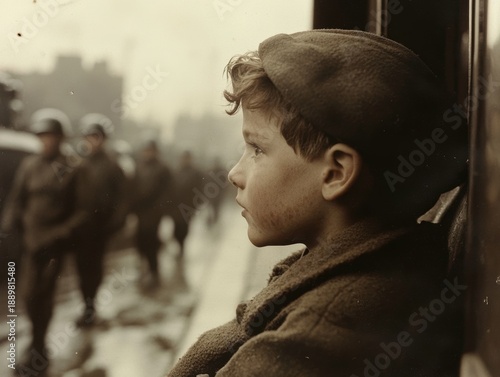 Young boy observes soldiers during wartime in an urban setting on a rainy day in the past