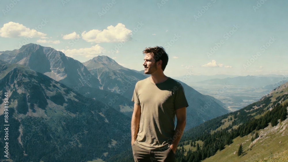 Fototapeta premium Young caucasian male enjoying mountain view under clear sky