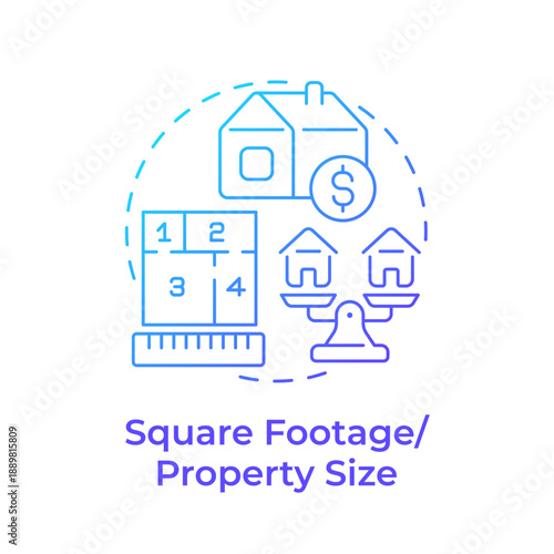 Square footage and property size blue gradient concept icon. Property valuation, home renovation. Round shape line illustration. Abstract idea. Graphic design. Easy to use in presentation, booklet
