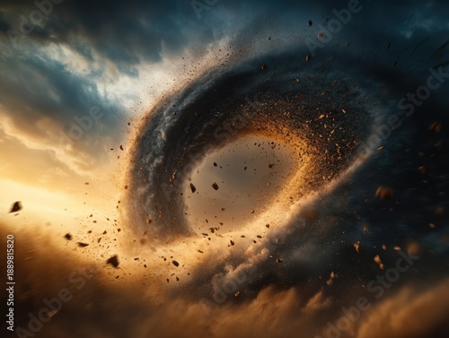 Vortex of dust and debris rises in the sky at sunset as strong winds create a swirling cloud formation over the landscape